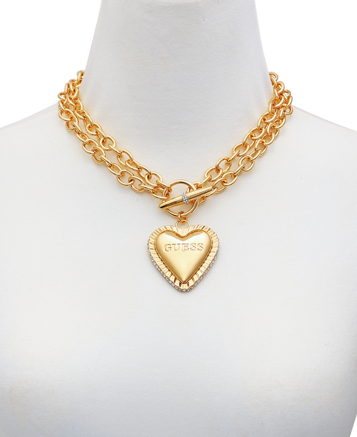 Guess Gold-tone Heart Double Chain 18" Pendant Necklace In Gold