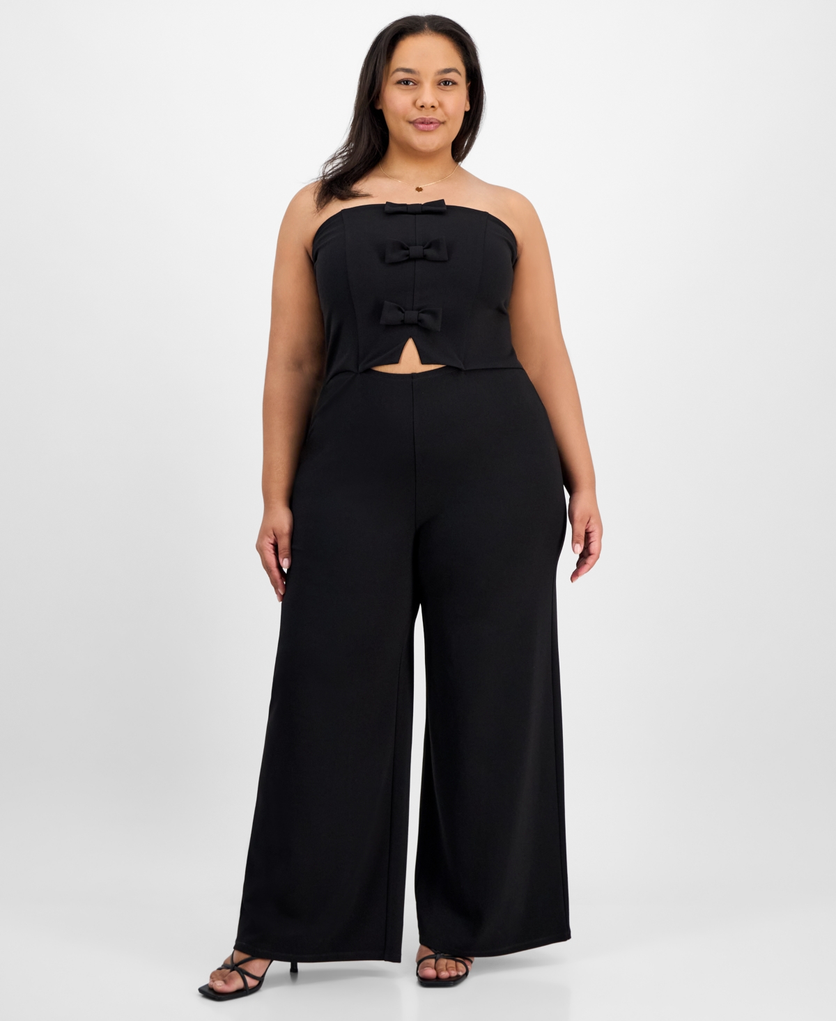 Madden Girl Trendy Plus Size Waist-cutout Bow-trim Jumpsuit In Black