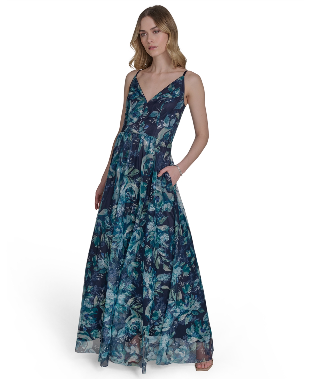 Women's Embroidered Sequined Sleeveless Ball Gown - Navy Multi