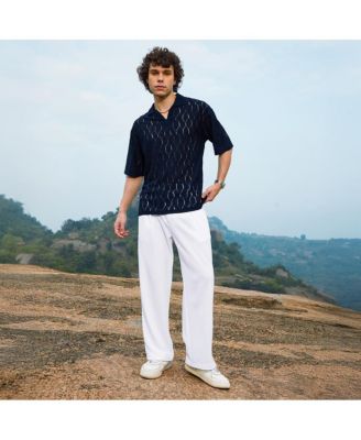 Men's Prussian Blue Honeycomb-Knit Polo T-Shirt