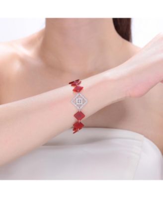Sterling Silver White Gold Plated with Clear Cubic Zirconia Red Square Bracelet