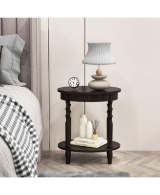2-Tier Oval Side Table with Storage Shelf and Solid Wood Legs