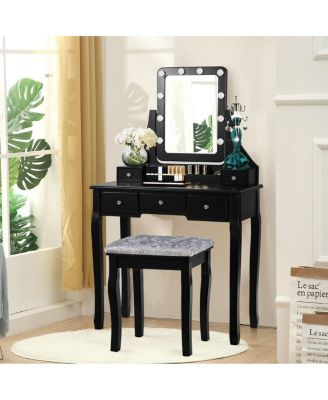 2-Pc. MDF 10 Dimmable Bulb Lighted Vanity Dressing Table Set with Cushioned Stool