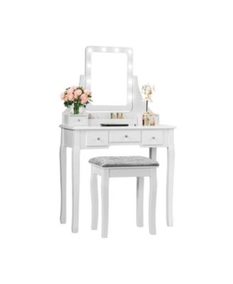 2-Pc. MDF 10 Dimmable Bulb Lighted Vanity Dressing Table Set with Cushioned Stool