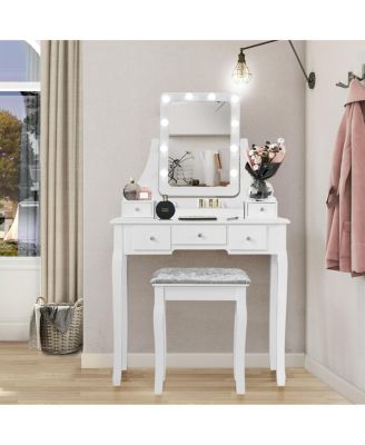 2-Pc. MDF 10 Dimmable Bulb Lighted Vanity Dressing Table Set with Cushioned Stool