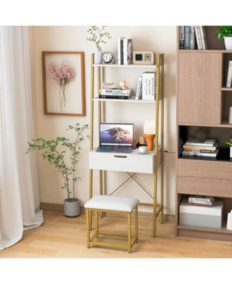 2Pc Powder-Coated Metal Frame Ladder Vanity Desk Set with Flip Top Mirror and Cushioned Stool