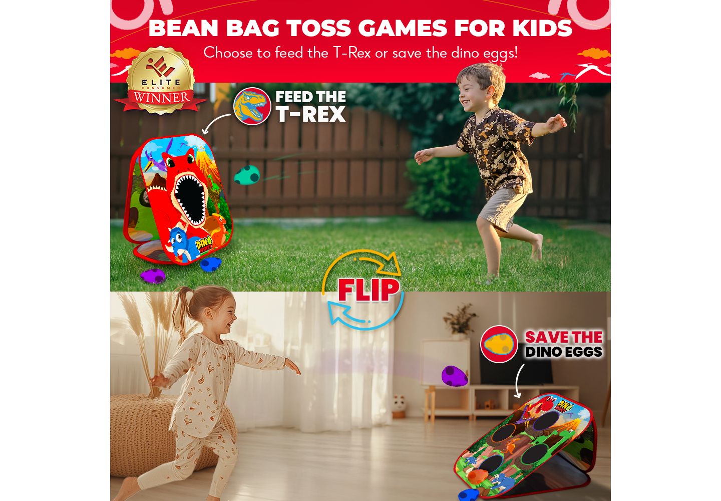 Детская игрушка SWOOC Dino Frenzy 2-in-1 Cornhole Game, 20" x 23", For 2-8 Players, Ages 3+ — фото 3