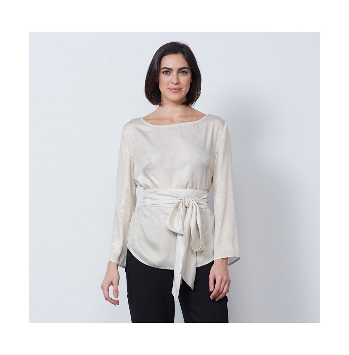 Women's Metallic Blouse With Belt Sensibility - Light ivory white/gold yellow