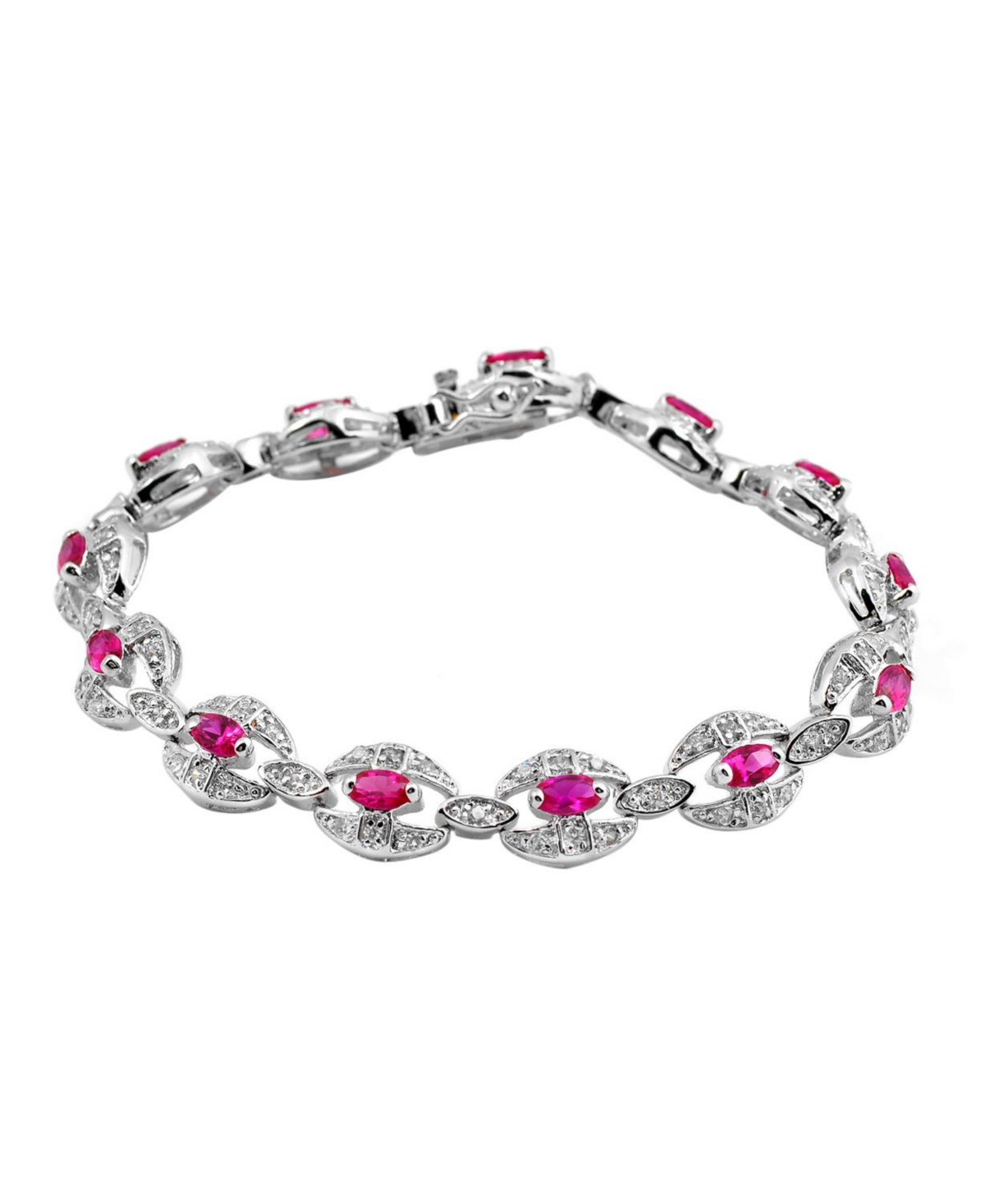 Sterling Silver White Gold Plating with Red Cubic Zirconia Link Fashion Bracelet - Red