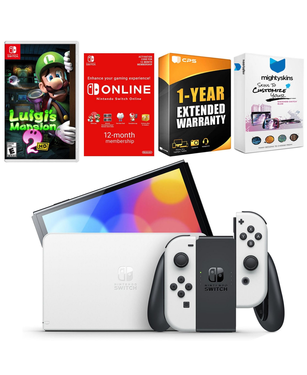 Nintendo Switch White Oled Console with Luigi s Mansion 2 Hd, Nso 12 Month Family Membership, MightySkins Console and Controller Skin Voucher