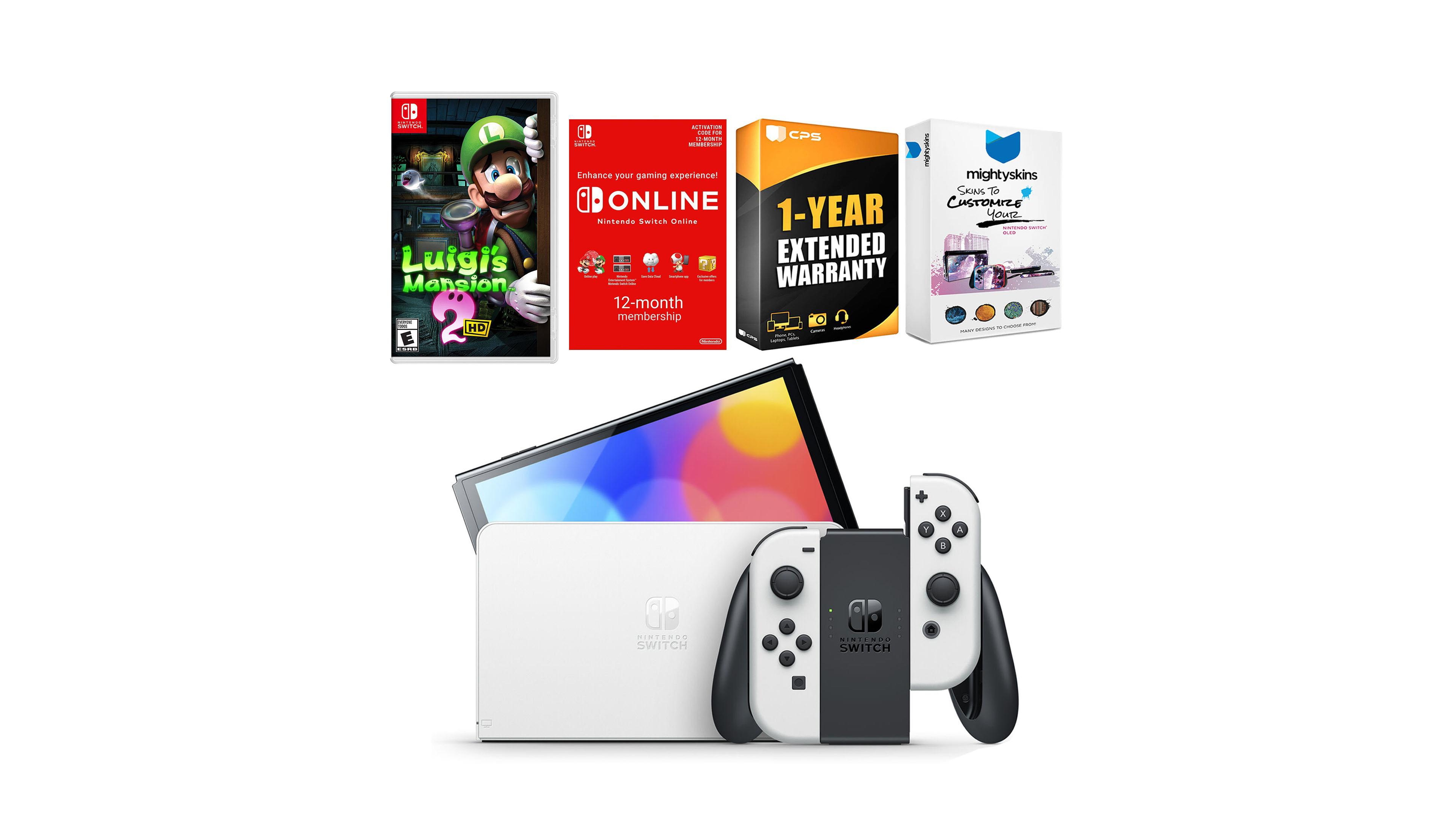 Nintendo Switch White Oled Console with Luigi s Mansion 2 Hd, Nso 12 Month Family Membership, MightySkins Console and Controller Skin Voucher