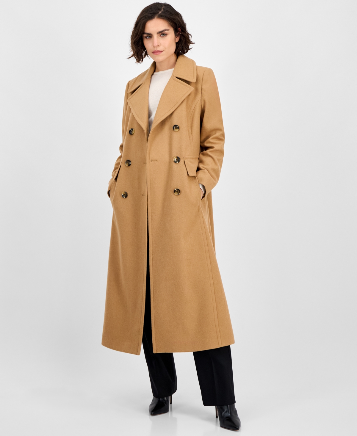 Anne Klein Women's Double-breasted Maxi Coat In Brown