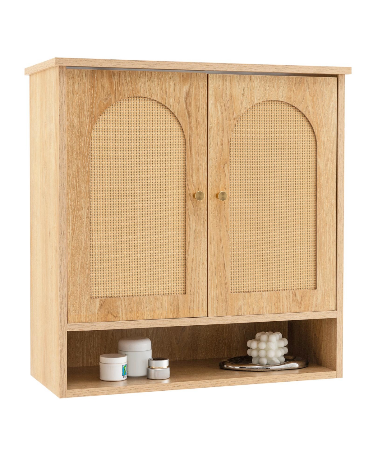 Bathroom Wall Cabinet with Pe Rattan Doors and Adjustable Shelves - Natural