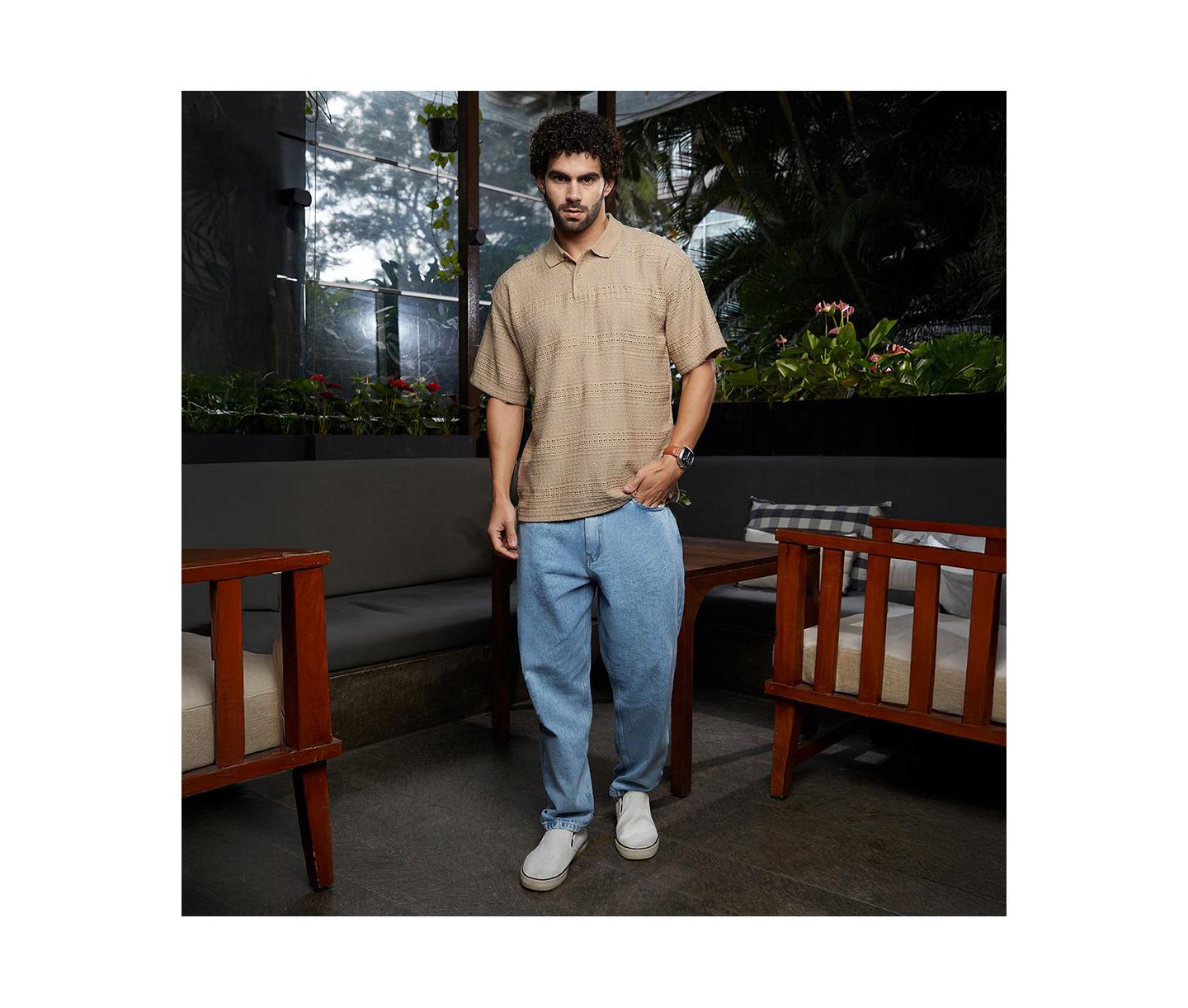 Мужская футболка Cahoot Campus Sutra Buff Beige Bohomian Oversized Polo, цвет: Бежевый / Хаки — фото 5