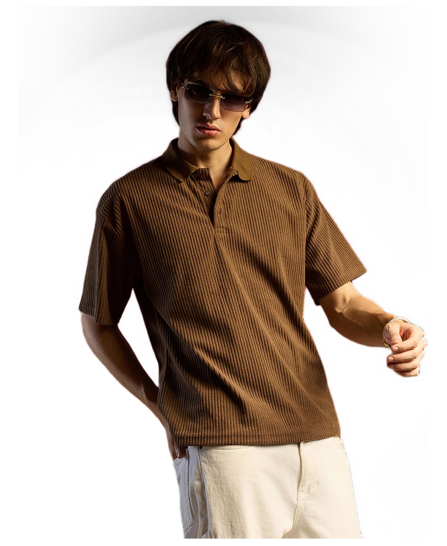 Мужская футболка Cahoot Chocolate Brown Ribbed Oversized Polo, цвет: Коричневый — фото 2