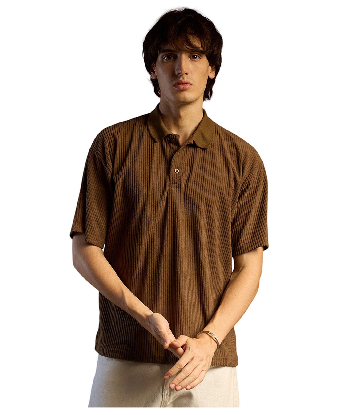 Мужская футболка Cahoot Chocolate Brown Ribbed Oversized Polo, цвет: Коричневый — фото 1