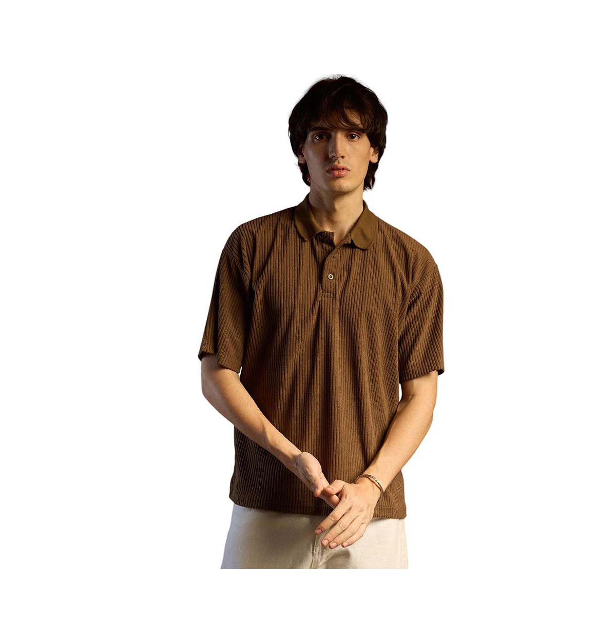 Campus Sutra Men's Chocolate Brown Ribbed Oversized Polo T-Shirt - Brown