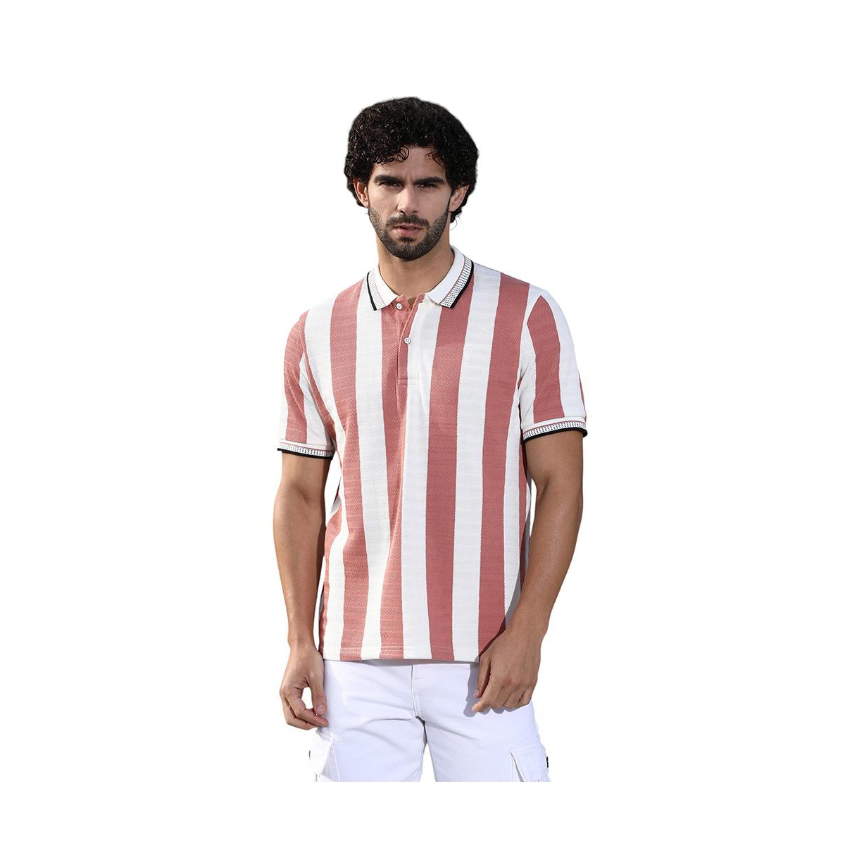 Men's Nude Pink & Cream White Awning-Striped Polo T-Shirt - Pink