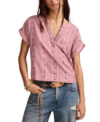 Lucky Brand - Women's Embroidered Cotton Cuffed-Sleeve Top