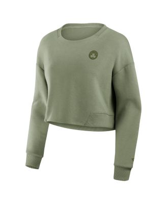 Women's Olive Boston Celtics Studio Tri-Blend Cropped Pullover Sweatshirt