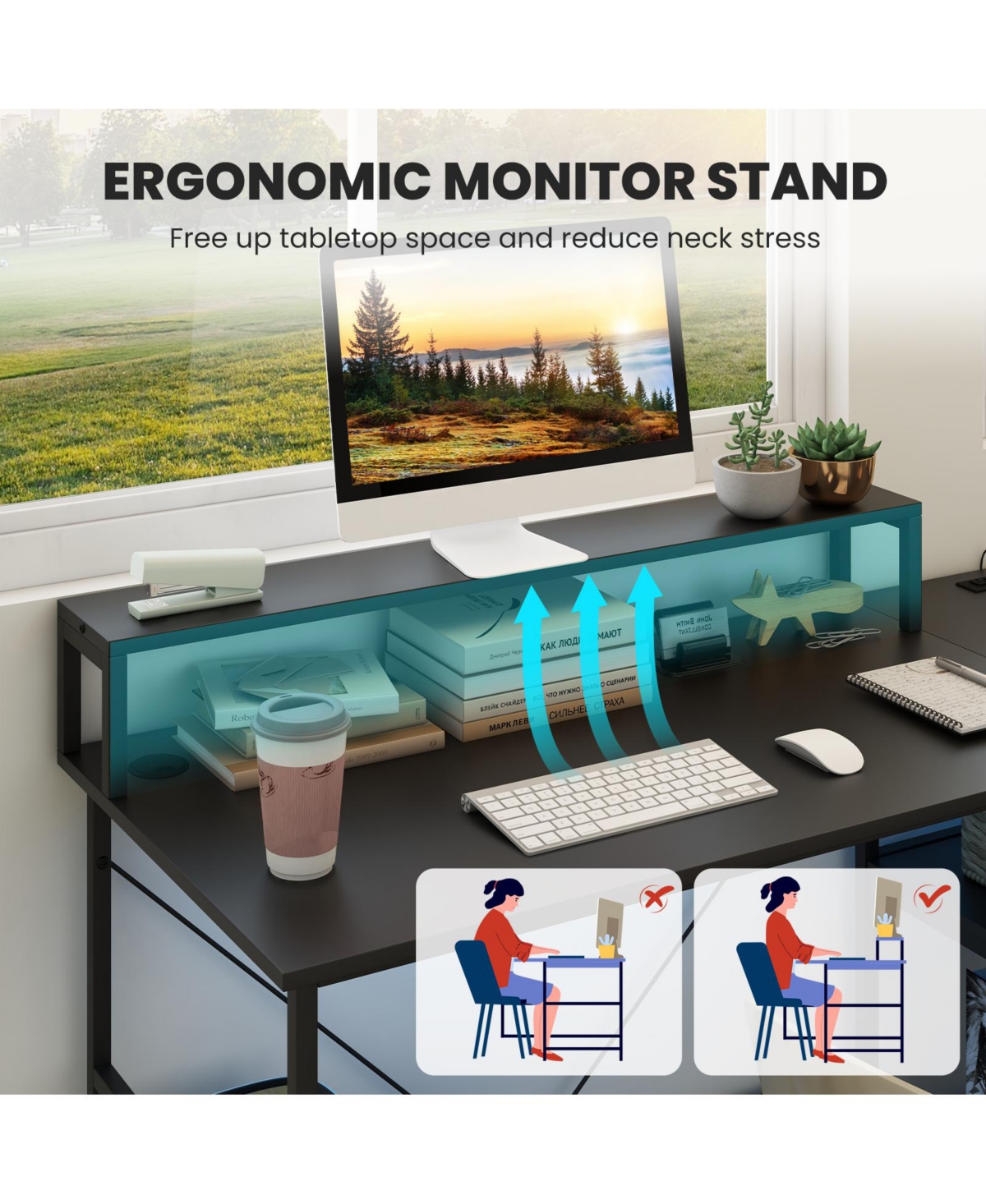 2-Person Reversible Computer Desk Long Office with Led Lights