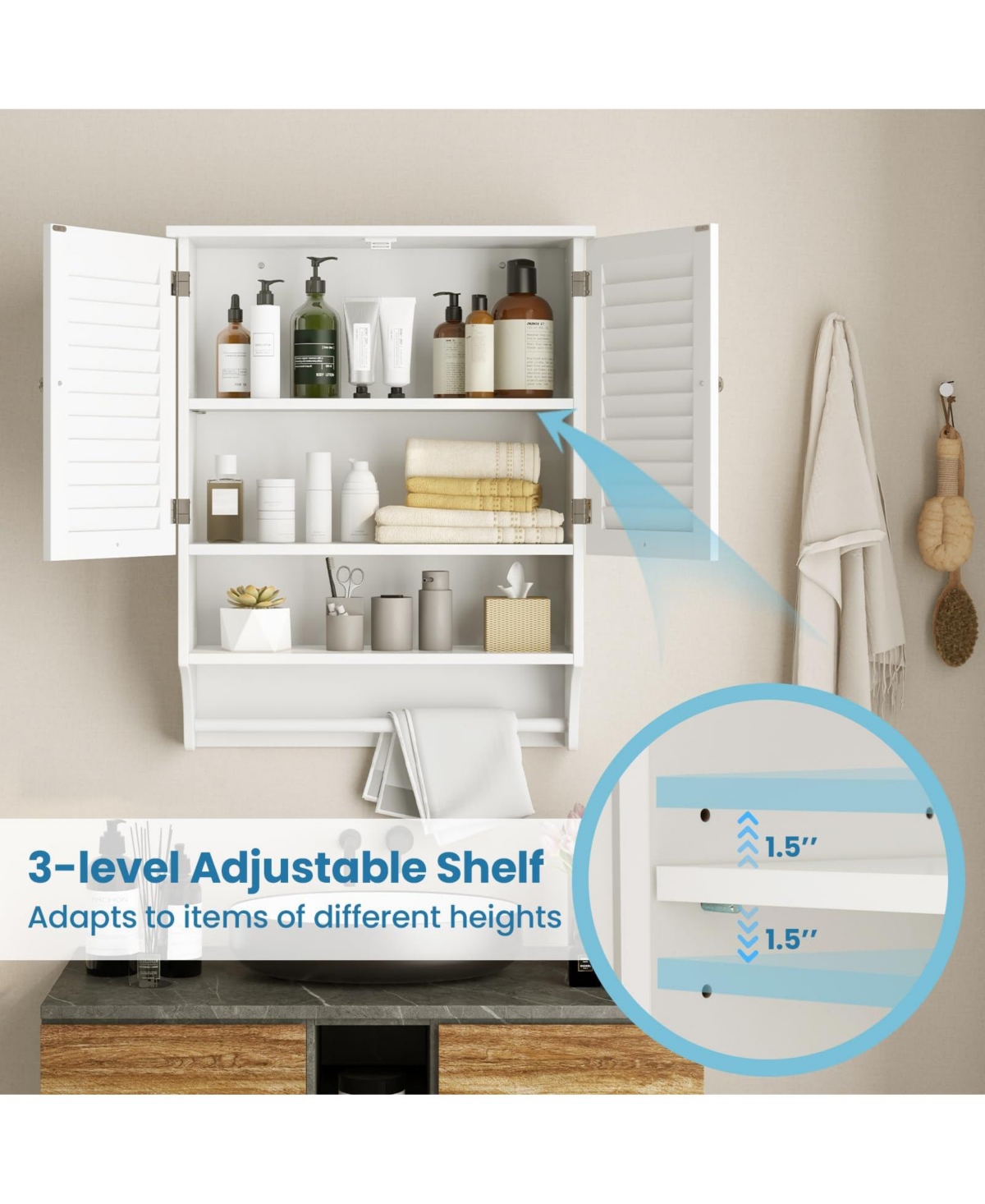 2-Doors Bathroom Wall-Mounted Medicine Cabinet with Towel Bar