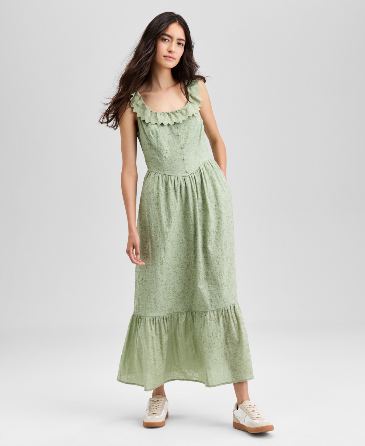 Women's Cotton Ruffle-Trim Scoop-Neck Voile Maxi Dress, Exclusively at Macy's - Deep Cranberry