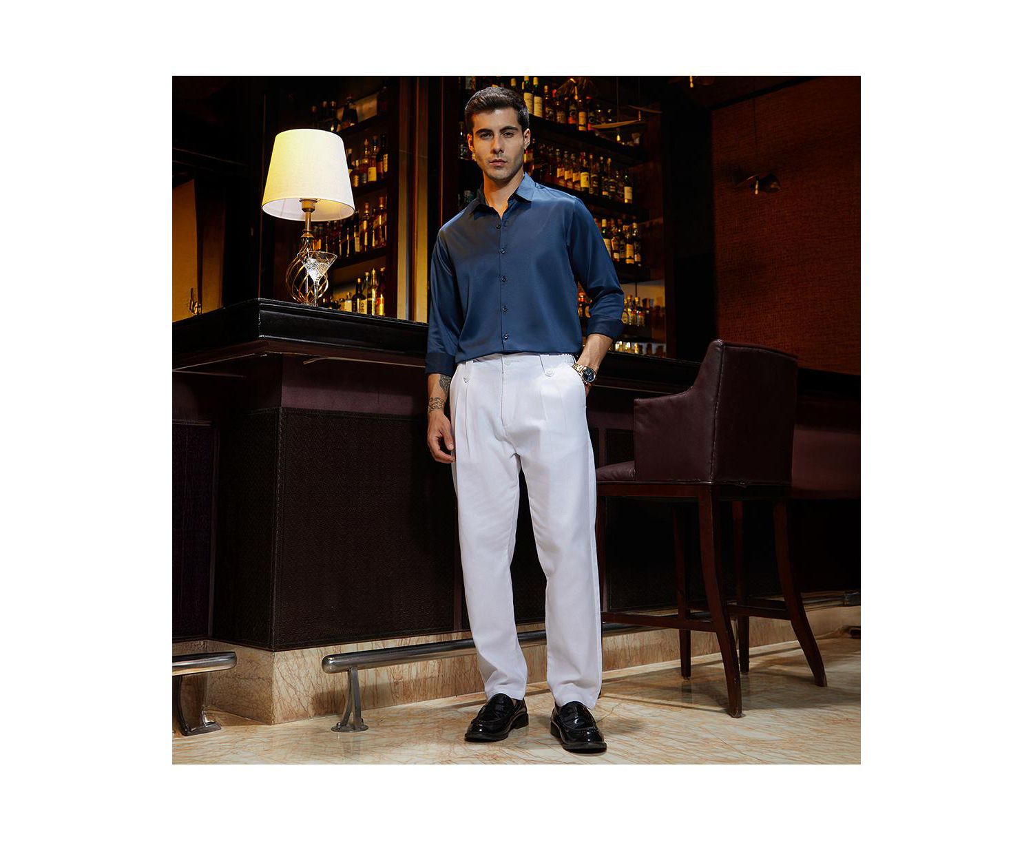 Men's Cream White Ribbed-Pleated Chino Trousers