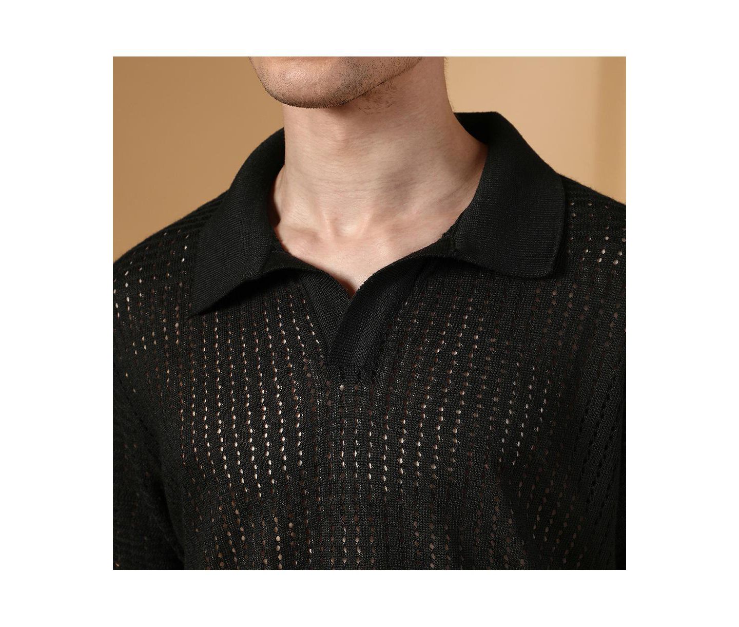 Мужская футболка Cahoot Campus Sutra Raven Black Textured-Knit Polo, цвет: Чёрный — фото 7