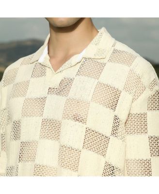 Men's Saltbox Beige Grid Oversized Polo T-Shirt