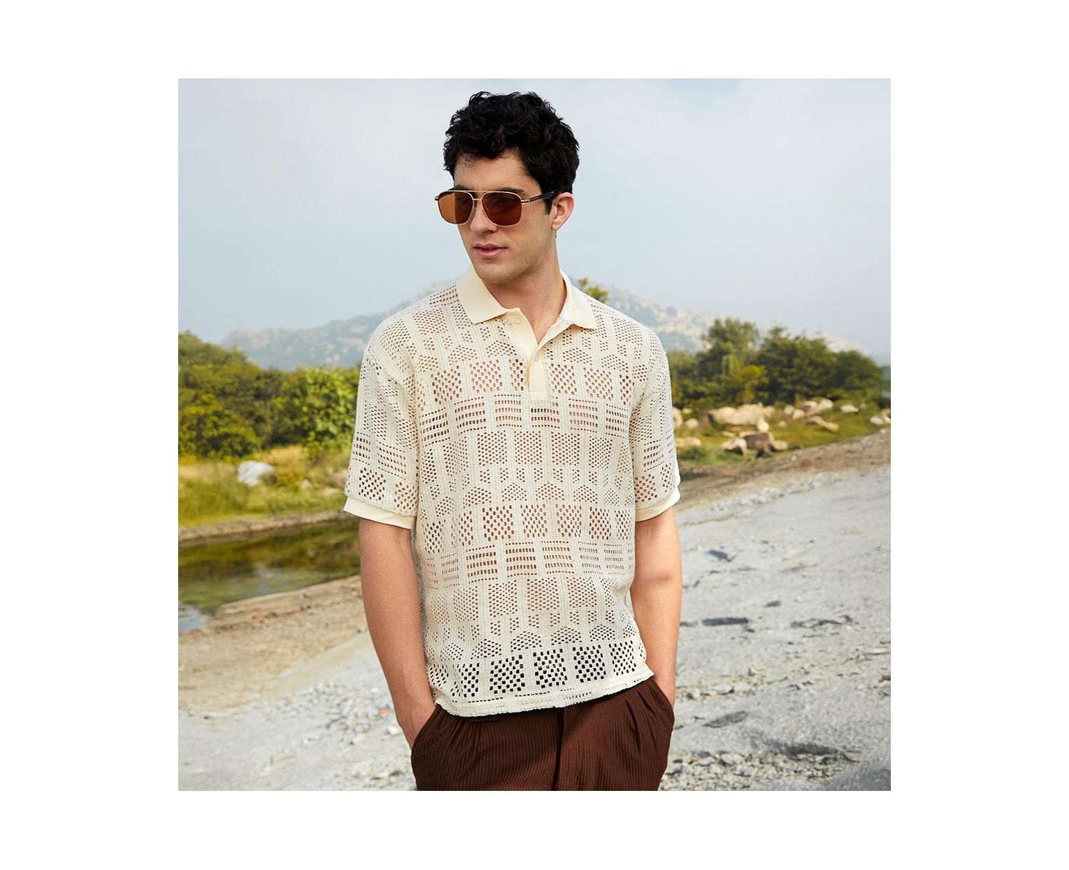 Men's Buff Beige Geo-Boho Oversized Polo T-Shirt