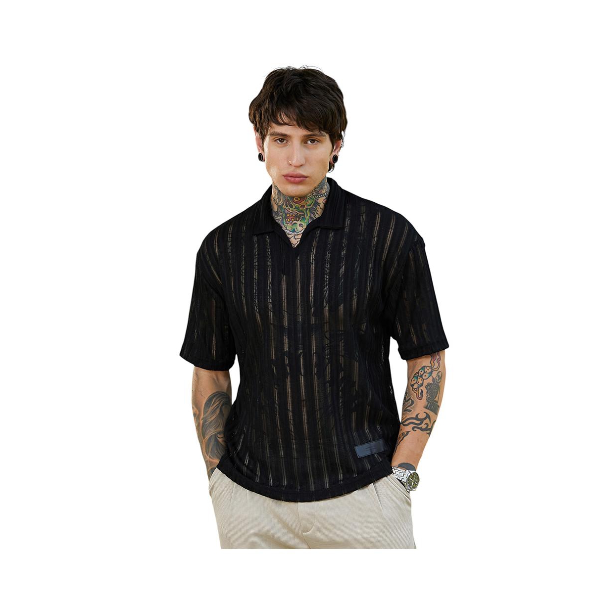 Men's Onyx Black Duo-Striped Relaxed Polo T-Shirt - Black