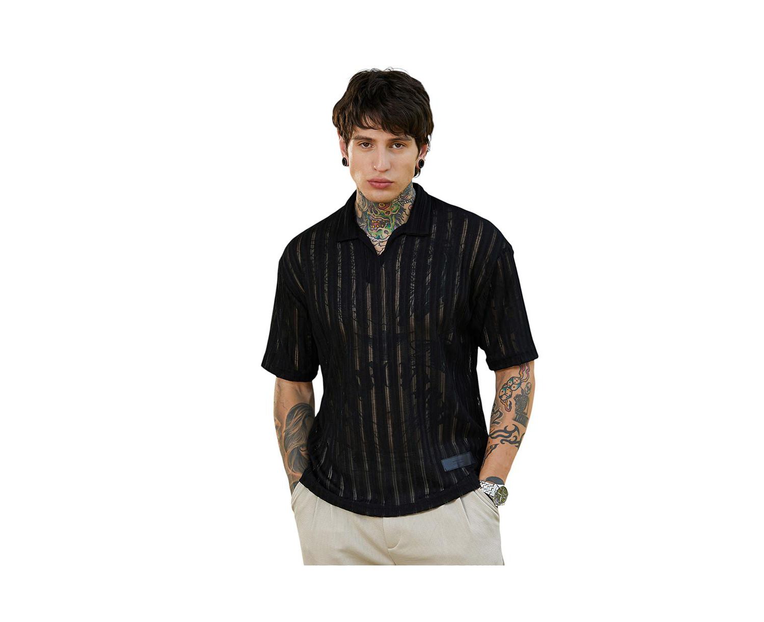 Men's Onyx Black Duo-Striped Relaxed Polo T-Shirt