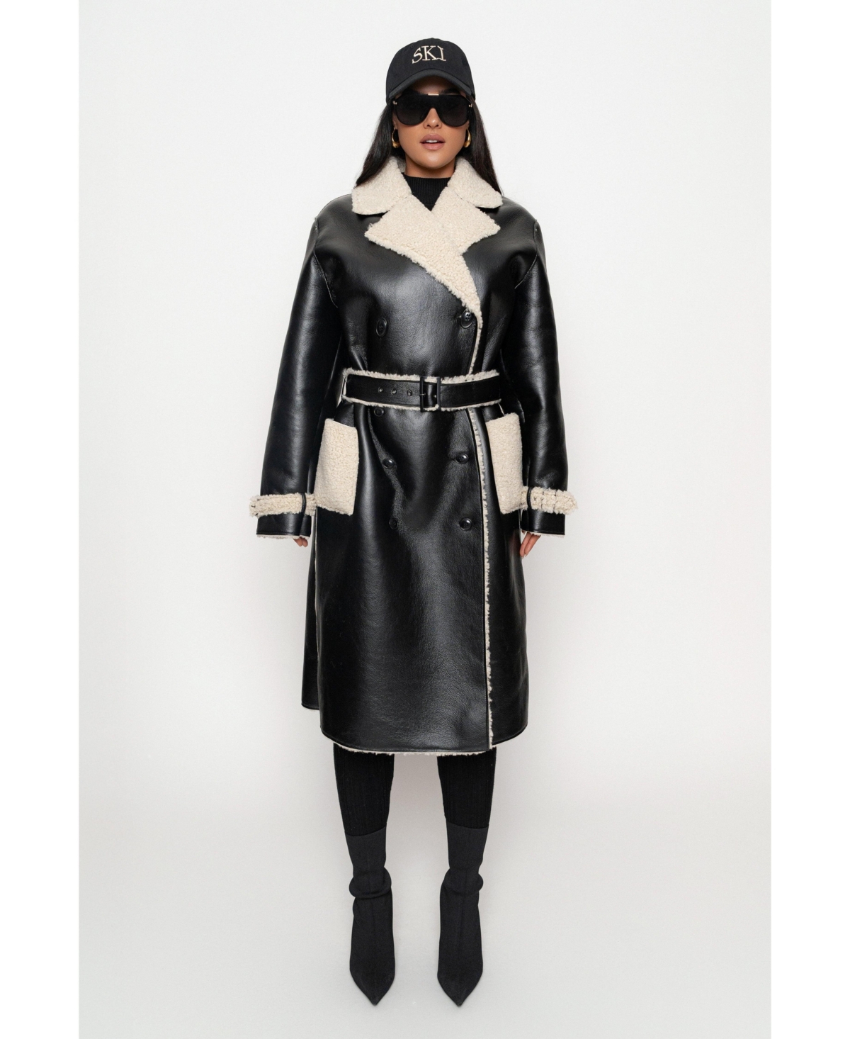 Women's Sherpa And Faux Leather Coat - Black/ivory