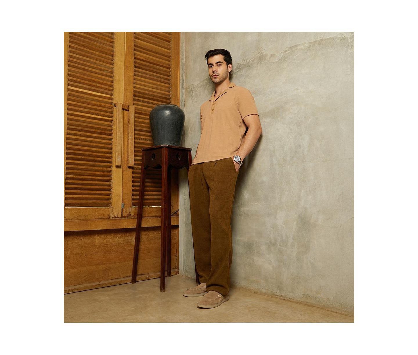 Мужская футболка Cahoot Campus Sutra Peanut Brown Rope-Tactile Cuban Polo, цвет: Коричневый — фото 3