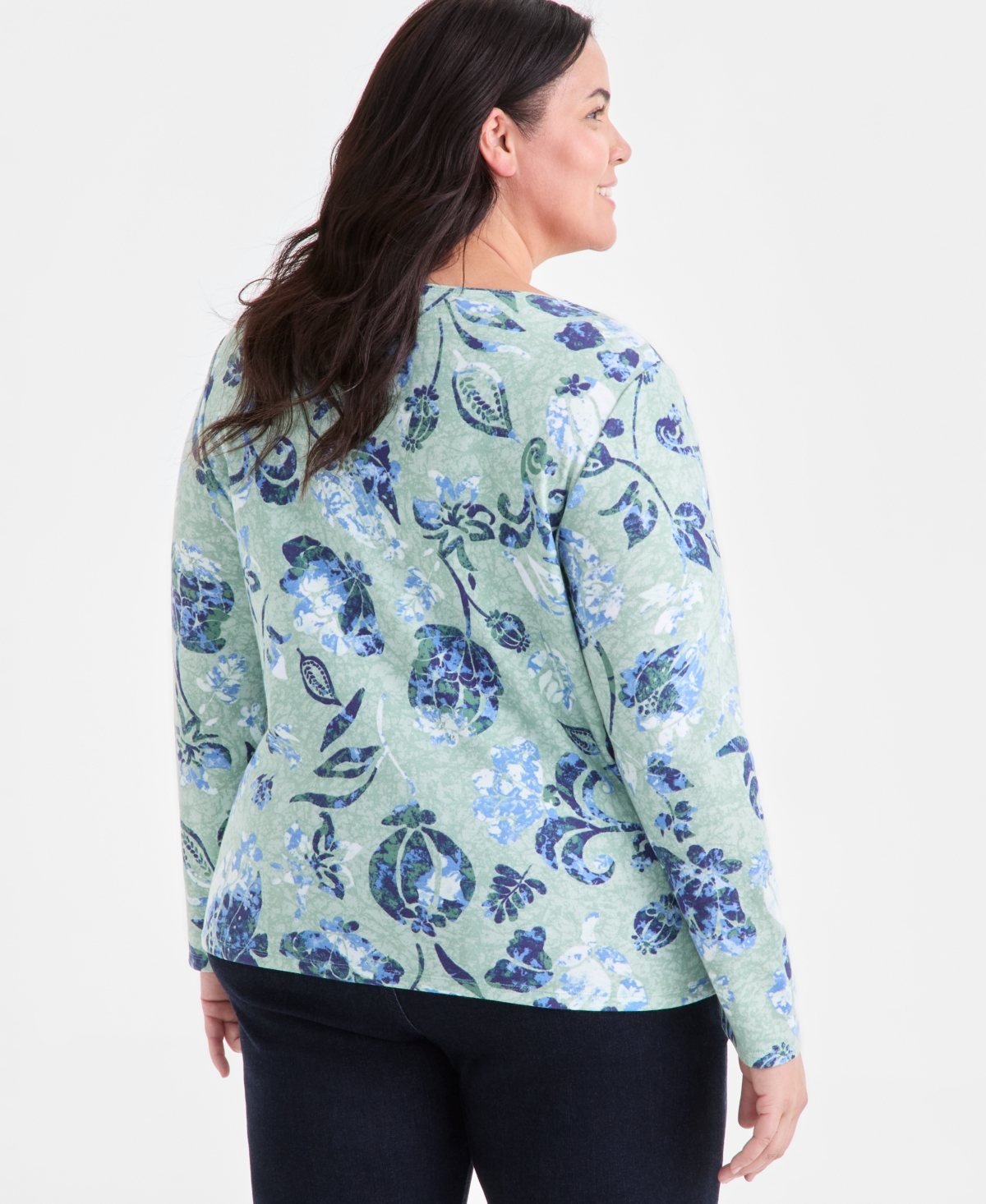 Style & Co Plus Size Printed Scoop-neck Long-sleeve Top, Exclusively At Macy's In Green