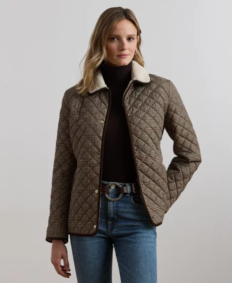 Petite Faux-Sherpa-Collar Quilted Coat - Heritage Plaid
