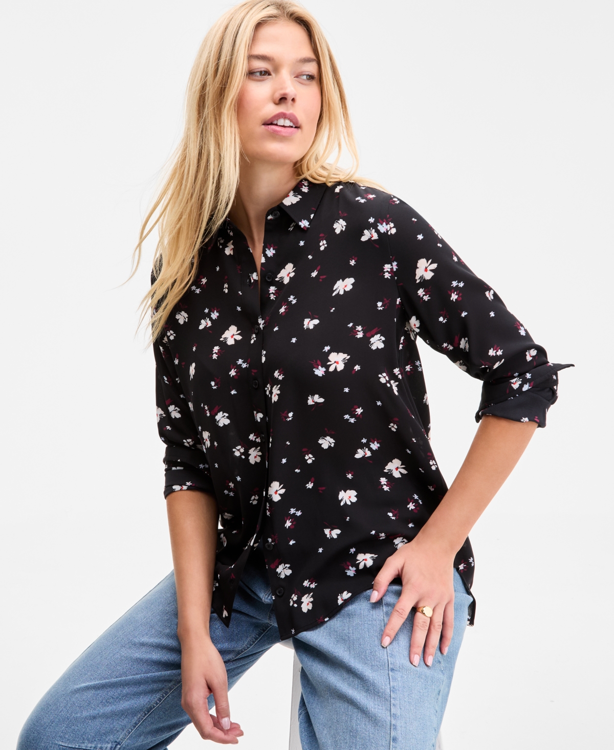 Women's Printed Silky Button-Front Shirt, Exclusively at Macy's - Pale Spring Combo
