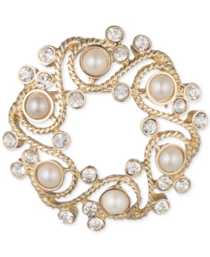 image of Anne Klein Gold-Tone Imitation Pearl and Crystal Wreath Pin, Created for Macy-s
