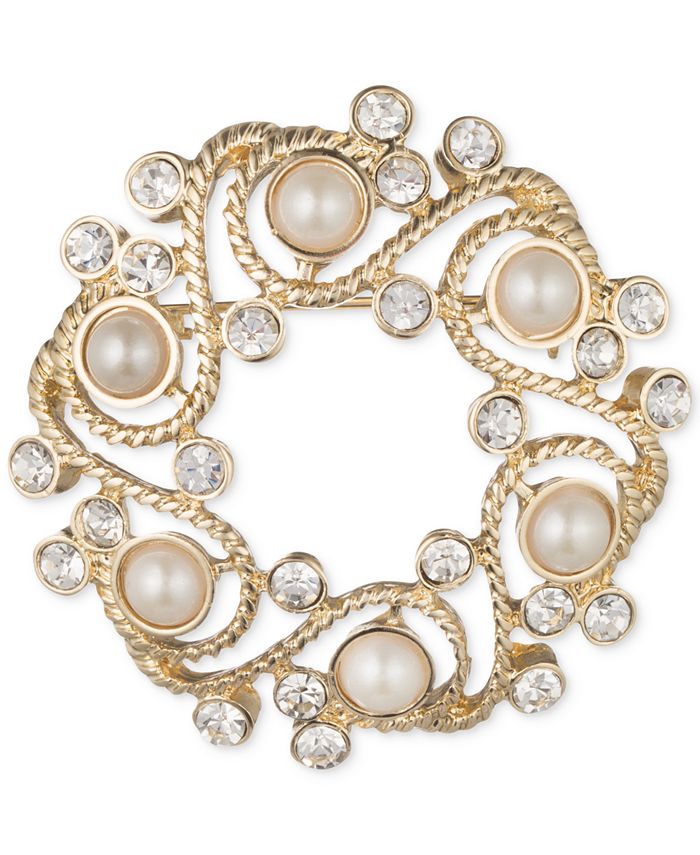 Anne Klein - Gold-Tone Imitation Pearl and Crystal Wreath Pin