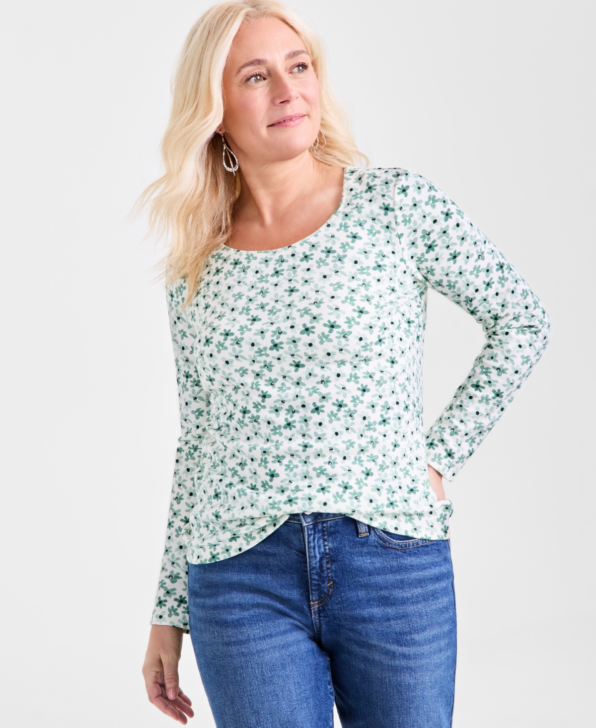 Women's Printed Long-Sleeve Scoop-Neck Knit Top, Exclusively at Macy's - Green Floral