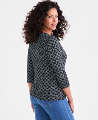 Women's Printed 3/4-Sleeve Henley Knit Top, Exclusively at Macy's