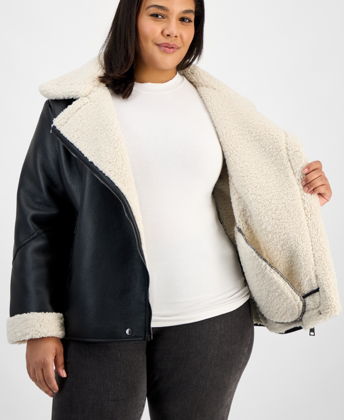 Steve Madden Plus Size Asymmetric Faux-shearling Coat In Black