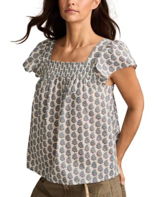 Women's Square-Neck Smocked Cotton Peasant Top