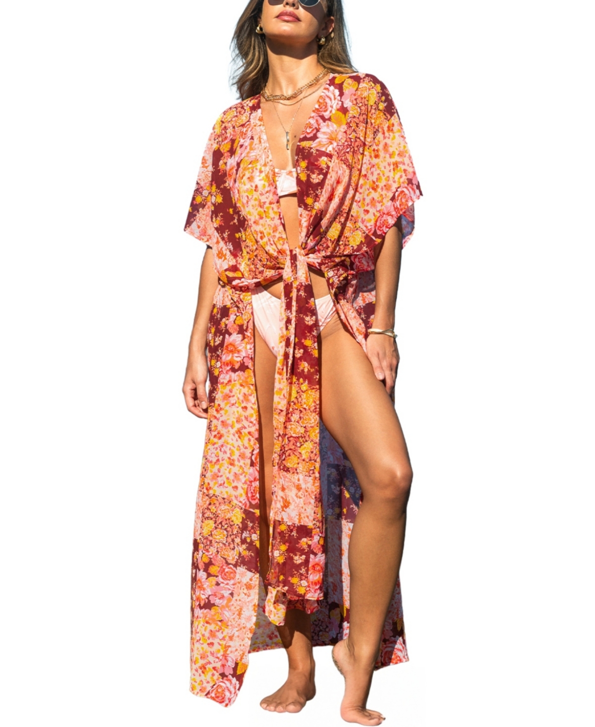 Women's Festival Bound Floral Cover-Up Kimono - Red