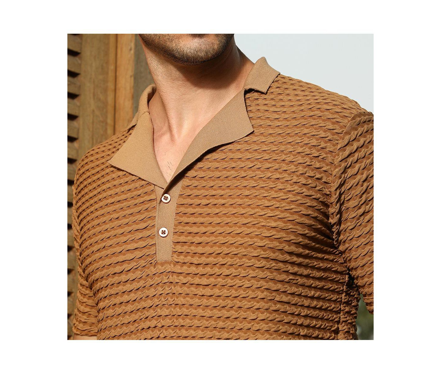 Мужская футболка Cahoot Campus Sutra Coffee Brown Crease-Tactile Cuban Polo, цвет: Коричневый — фото 7