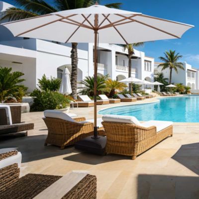 13ft XL Heavy Duty Solid Wood Outdoor Patio Umbrella with Base Parasol Wheels Stand for Bistro Market Table Garden Deck Yard Poolside White