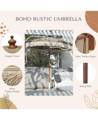 BOHO 9' Fringe Patio Umbrella with Tassels UPF50+ Boho Style 5-Year-Non-Fading for Outdoor Yard Market Mocha Meander