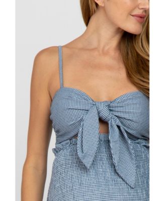 Women's Green Gingham Print Smocked Fitted Self-Tie Maternity Midi Dress