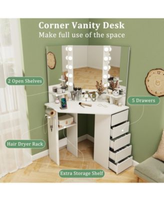 Wood Corner 3-Color LED Lighted Mirror Vanity Desk with Power Outlet
